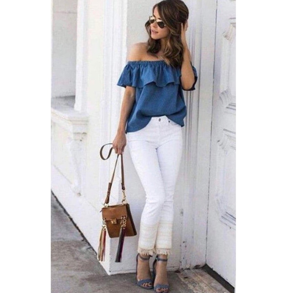 Cavalini denim off-the-shoulder ruffle blouse
